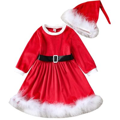 Baby Girls Christmas Dress Velvet Santa Claus Romper Dress Long Sleeve Plush Xmas Princess Party Cosplay Costume Dress (B-Red, 6-12 Months)