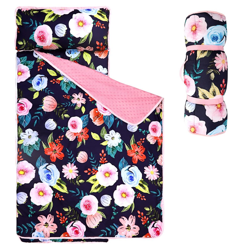 Jundetye Toddler Nap Mat with Pillow and Plush Blanket, Kids Sleeping Bags for Preschool Daycare, Slumber Bags for Girls Boys Ages 3-7 Years, 55'' x 23'', Floral