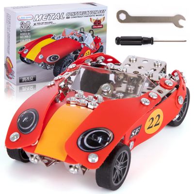 ArtCreativity Metal Model Car Building Kit - 230 PC 3D Car Model Kit - STEM Metal Car Building Kit for Boys - Red Vintage Toy Racecar with Moving Wheels - Build Your Own Car Kit for Kids with Tools