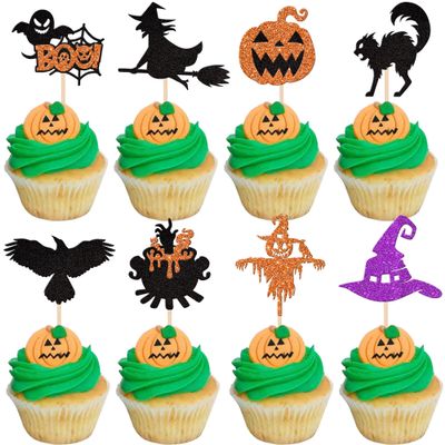 24 PCS Halloween Cupcake Toppers Glitter Ghost Boo Crow Wicth Cat Pumpkin Cupcake Picks for Halloween Theme Baby Shower Birthday Party Cake Decorations Supplies