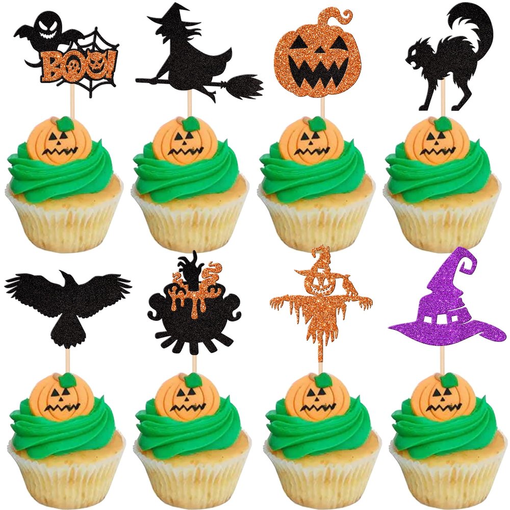 24 PCS Halloween Cupcake Toppers Glitter Ghost Boo Crow Wicth Cat Pumpkin Cupcake Picks for Halloween Theme Baby Shower Birthday Party Cake Decorations Supplies
