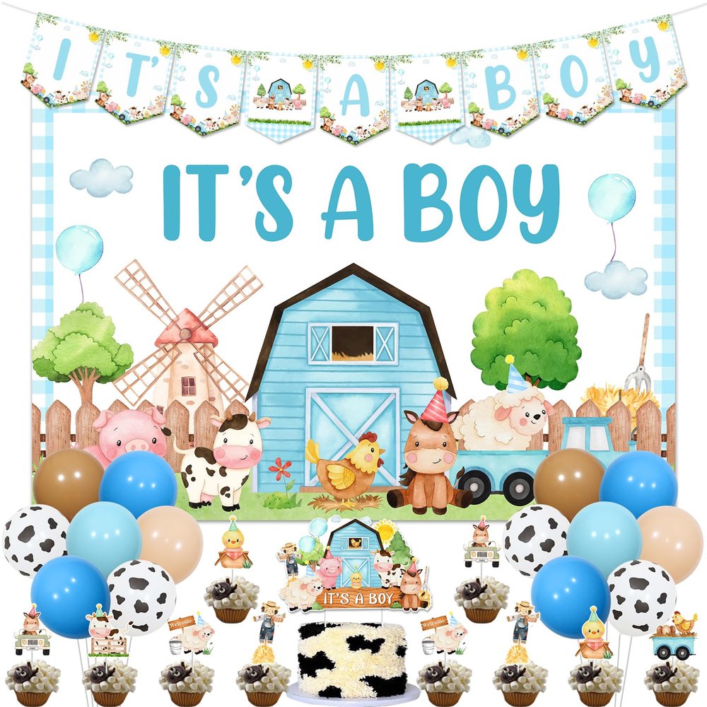 Farm Animal Baby Shower Decorations for Boy, It's A Boy Baby Shower Backdrop Banner Cow Print Balloon Farm Animal Cake Cupcake Toppers for Cowboy Theme Birthday Party