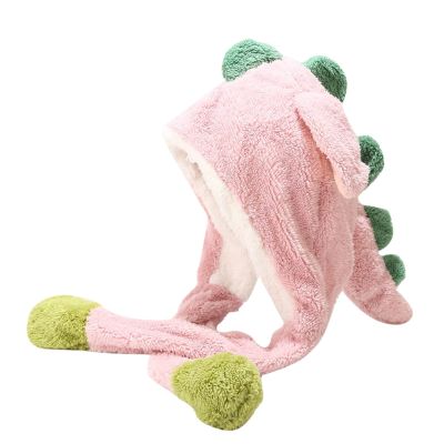 Animal Dinosaur Hat with Plush Moving Ears Jumping Up Beating Funny Cap for Women Girl Dress Up Cosplay (Pink, One Size)