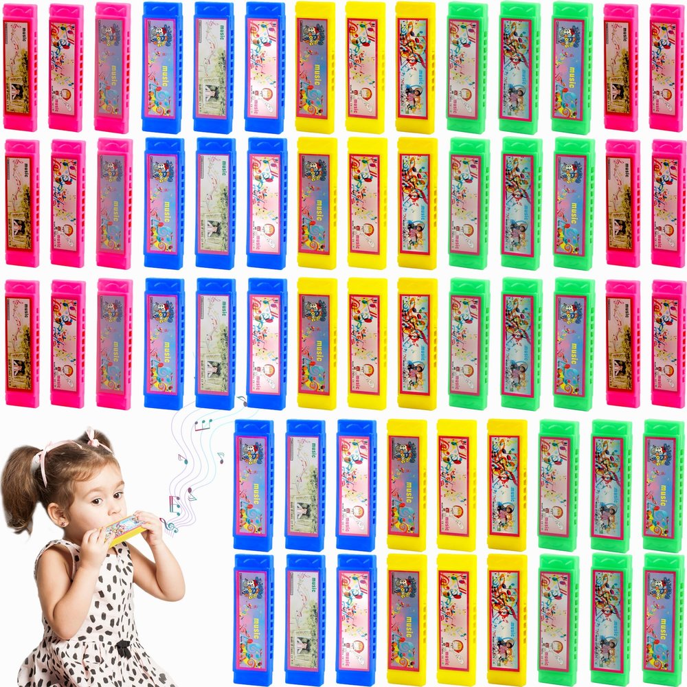 60 Pcs Cartoon Harmonica Bulk Plastic 5 Holes Harmonica Mini Harmonicas Toy for Kids Party Goodie Bags Stuffers, Random Color Pattern
