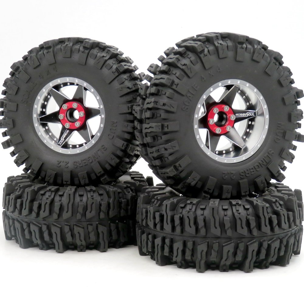 hobbysoul 4pcs 2.2 Mud Slingers Tires 124mm & 2.2 Beadlock Wheels Adjustable 4 Different Negative Offsets Rims 6 Spoke for RC Crawler Trail Gen8 Capra Wraith TRX4
