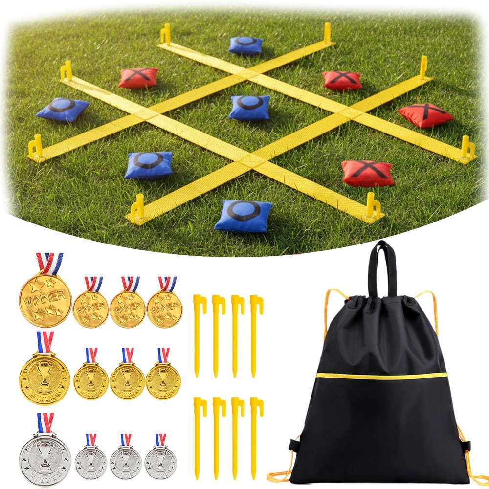 Giant Outdoor Tic Tac Toe Game 4ft x 4ft  Bean Bag Toss Set with 12 Award Medals, Stakes & Carry Bag  XL Lawn Yard Games for Kids Adults, Backyard Field Day Carnival & Family Party