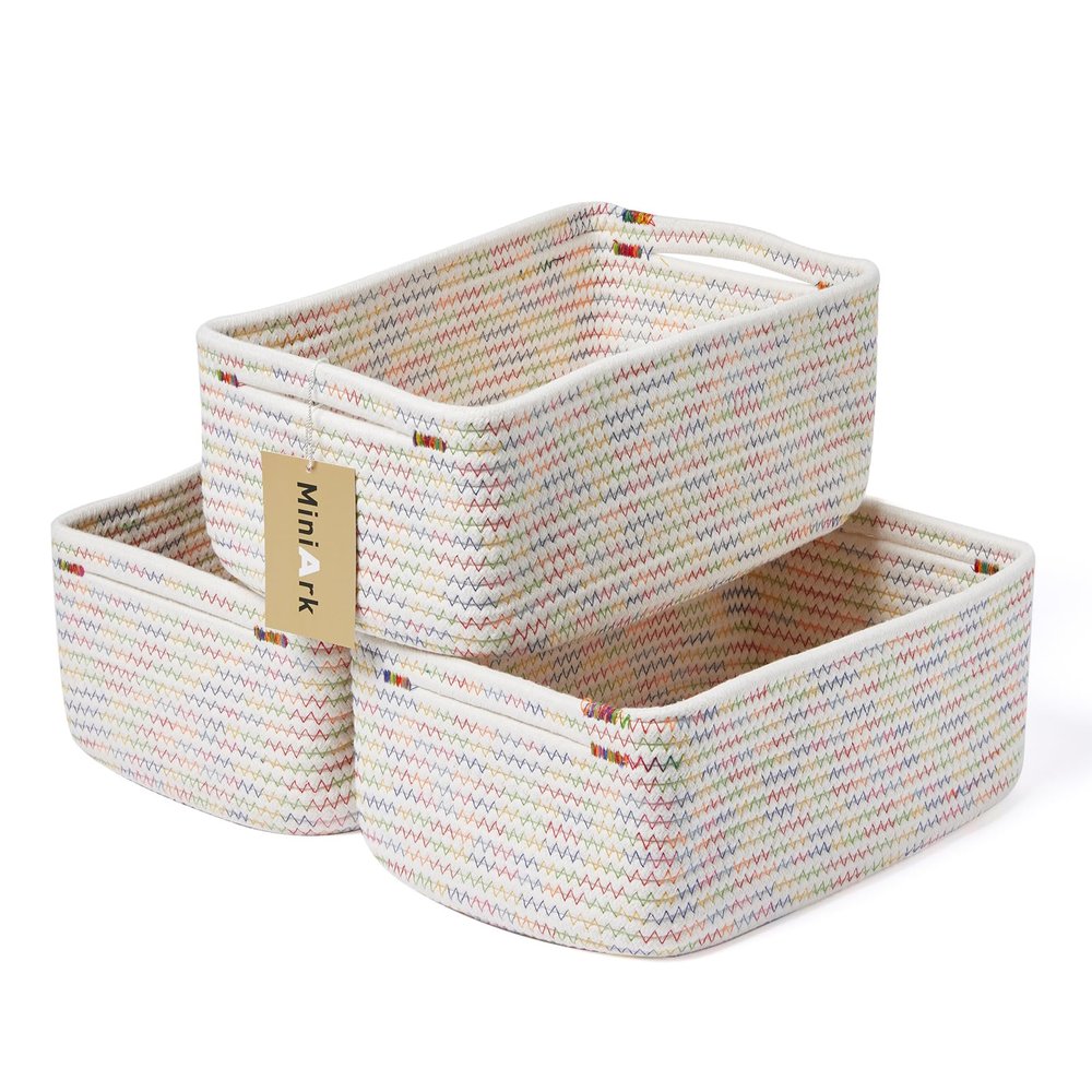 MiniArk Small Storage Baskets for Organizing | Closet Organizer Bins | Shelf Toy Basket | Woven Rope Baskets | Cube Decorative Box | Shallow Basket | 13x8.5x5.1 | 3 Packs Rainbow