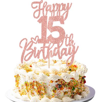 1 PCS Happy 15th Birthday Cake Topper Glitter Cheers to 15 Years Birthday Cake Pick Sweet 15 Fabulous Cake Decorations for Happy 15th Birthday Anniversary Theme Party Supplies Rose Gold