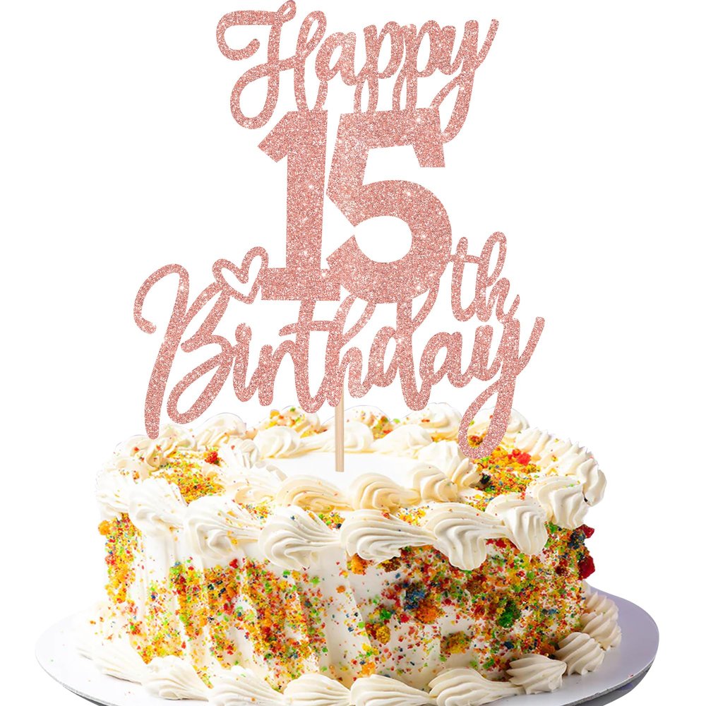 1 PCS Happy 15th Birthday Cake Topper Glitter Cheers to 15 Years Birthday Cake Pick Sweet 15 Fabulous Cake Decorations for Happy 15th Birthday Anniversary Theme Party Supplies Rose Gold