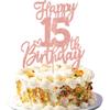 1 PCS Happy 15th Birthday Cake Topper Glitter Cheers to 15 Years Birthday Cake Pick Sweet 15 Fabulous Cake Decorations for Happy 15th Birthday Anniversary Theme Party Supplies Rose Gold view 1
