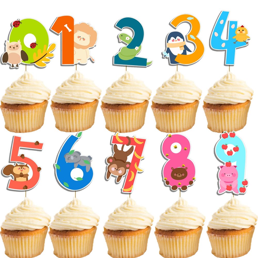 10Pcs Safari Animals Number 0-9 Cupcake Toppers Animals Cake Decorations Noahs Happy Birthday Cupcake Decorations Noahs Number Baby Shower Party Supplies