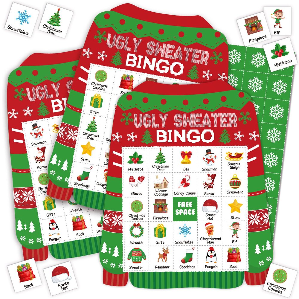 Liliful 35 Pcs Christmas Sweater Bingo Game Christmas Bingo Game 24 Players Ugly Sweater Cards Xmas Games for Kids Friends Family School Classroom Activities Holiday Party Favors