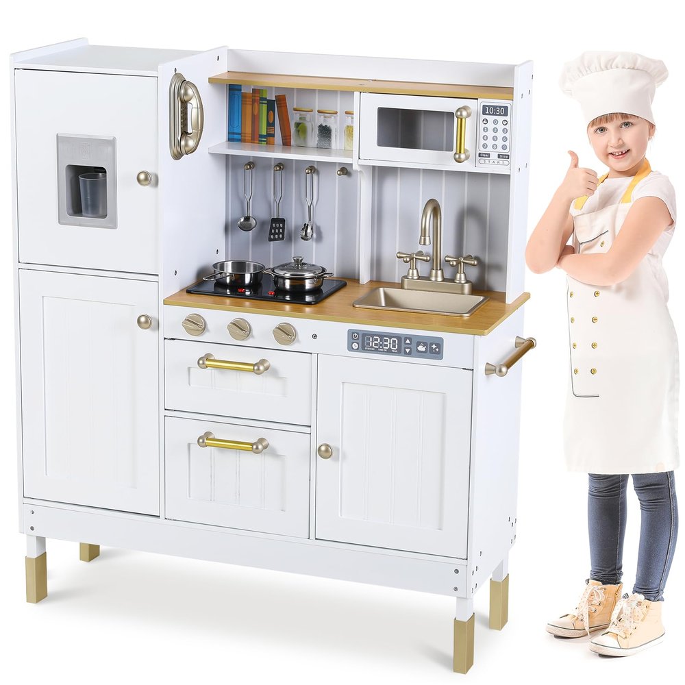 Clevich Play Kitchen, Wooden Kids Kitchen Playset, Pretend Chef Cooking Toy Set w/Realistic Lights & Sounds, Ice Maker, Telephone, Kitchen Accessories, Height Adjustable for Boys Girls Age 3+