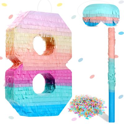 Jenaai 16 Inch Number Piata Kids Birthday Party Macaron Piata with Blindfold Stick and Confetti for Unicorn Birthday Wedding Baby Shower Decor(Number 8)