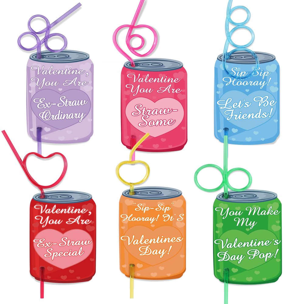 30 Pack Crazy Straws Valentines Day Cards, Valentines Day Gifts for Kids Classroom School Valentines Party Favors for Kids Boys Girls Gift Exchange Goodie Bag Stuffers Toddler Valentine Straws Bulk