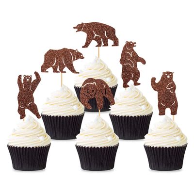 24Pcs Glitter Brown Bear Cupcake Toppers Funny Bears Cupcake Picks Animal Food Picks for Bear Baby Shower Bearly Birthday Cupcake Decoration Bears Party Decoration Supplies