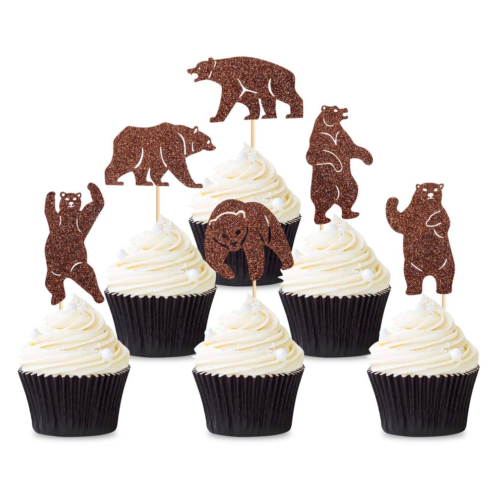 24Pcs Glitter Brown Bear Cupcake Toppers Funny Bears Cupcake Picks Animal Food Picks for Bear Baby Shower Bearly Birthday Cupcake Decoration Bears Party Decoration Supplies