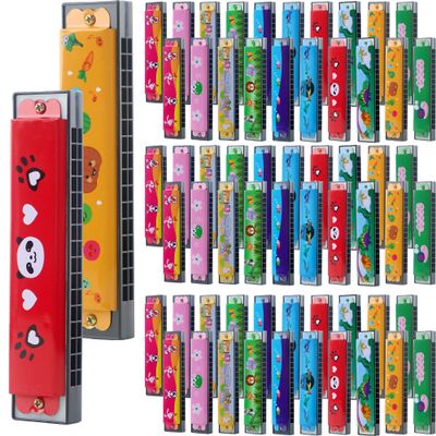 100 Pcs Kids Cartoon Harmonica Bulk 16 Holes Plastic Harmonica Toys for Children Beginners Party Goodie Bags Stuffers, Random Color Pattern