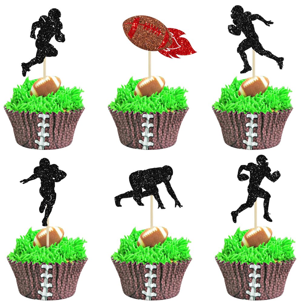 24Pcs Rugby Ball Cupcake Toppers Football Players Sport Cupcake Picks Super Rugby Sports Theme Baby Shower Birthday Party Cake Decorations Supplies