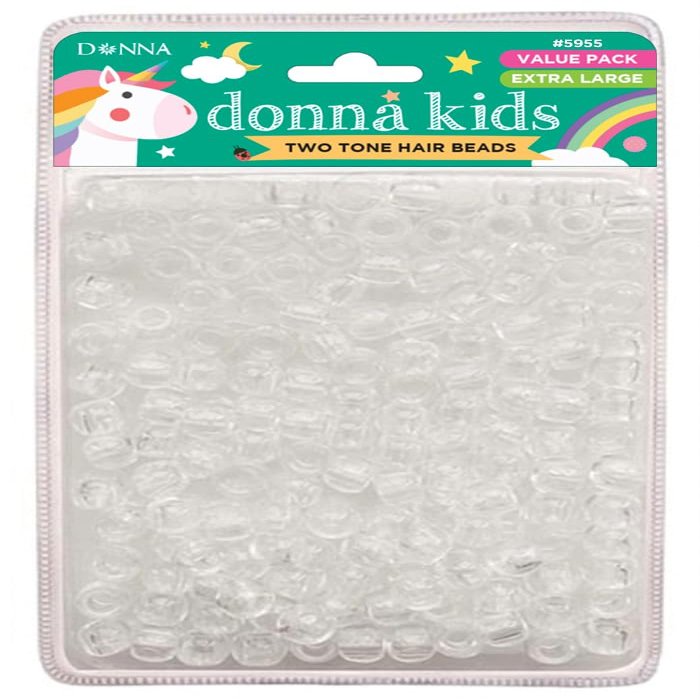 DONNA Kids Two Tone Hair Beads Extra Large Pony Beads for Braids, Twists & Ponytails Clear Colors with Threading Tool Value Pack for Girls