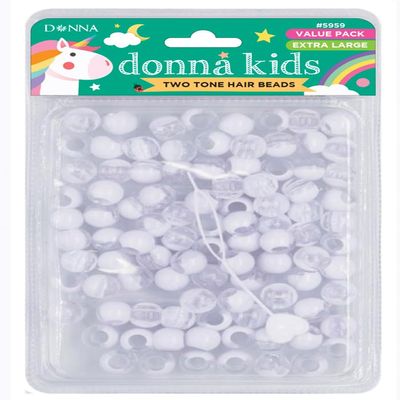 DONNA Kids Two Tone Hair Beads Extra Large Pony Beads for Braids, Twists & Ponytails White Assorted Colors with Threading Tool Value Pack for Girls