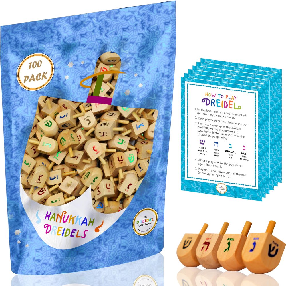 200-Pack Natural Wood Dreidels Hanukkah Draydel with English Transliteration & Instruction Cards (200-Pack)