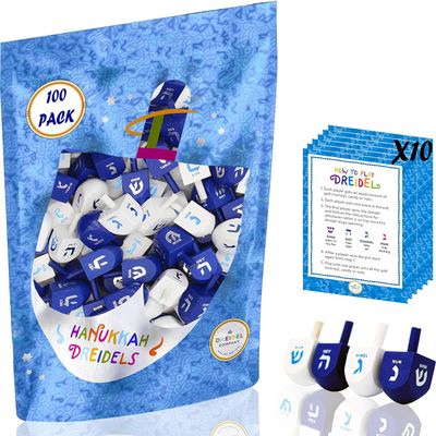 The Dreidel Company Wood Dreidel Bulk Solid Blue & White Wooden Hanukkah Dreidels Hand Painted with English Transliteration- Includes Game Instruction Cards (1000-Pack)