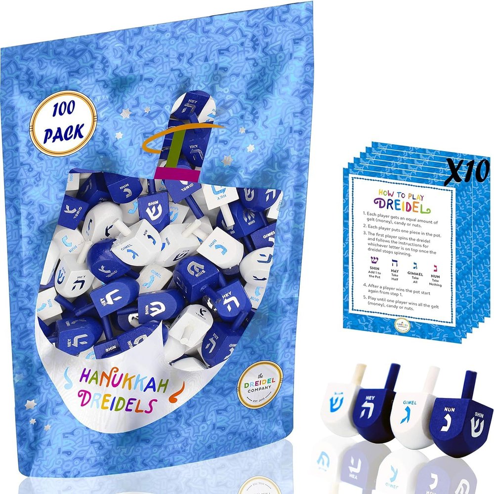 The Dreidel Company Wood Dreidel Bulk Solid Blue & White Wooden Hanukkah Dreidels Hand Painted with English Transliteration- Includes Game Instruction Cards (1000-Pack)
