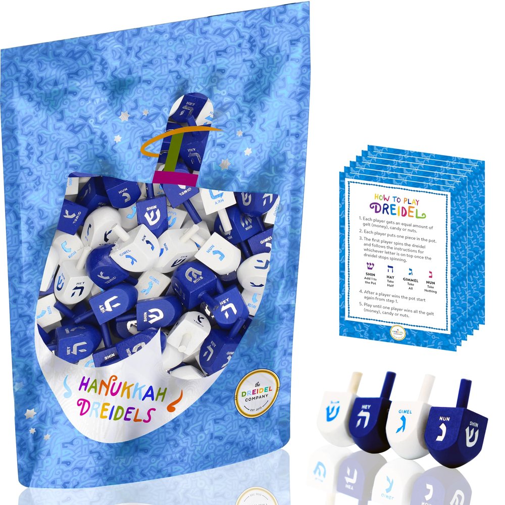 Wood Dreidel Bulk Solid Blue & White Wooden Hanukkah Dreidels Hand Painted with English Transliteration- Includes Game Instruction Cards (500-Pack)