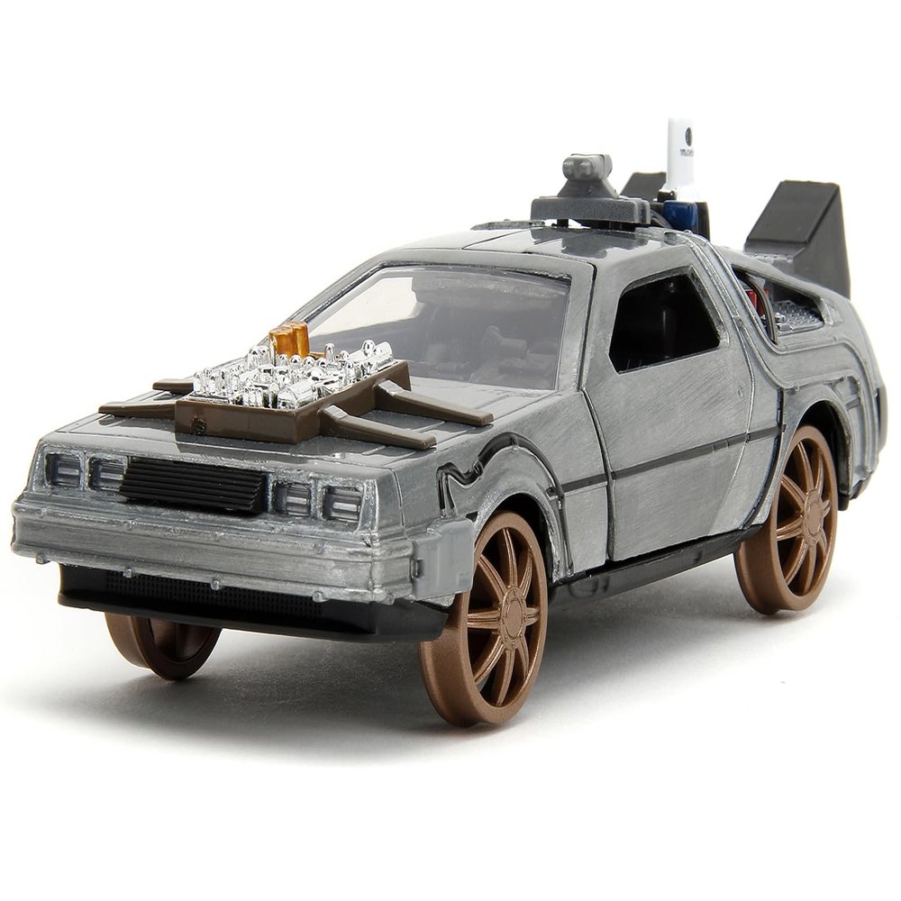 Delorean DMC (Time Machine) Brushed Metal Train Wheel Version Back to The Future Part III (1990) Movie Hollywood Rides Series 1/32 Diecast Model Car by Jada 34786