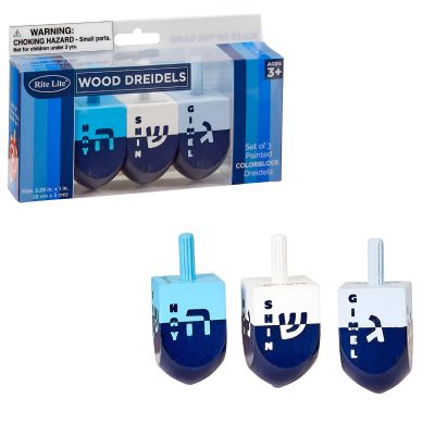 Rite Lite Hanukkah Dreidel Gift Set of 3 - Chanukah Colorblock Blue Wooden Dreidels Jewish Holiday Party Bulk Multicolor Dreidels with Hebrew Lettering Goodie Bag Rewards Hours of Fun!