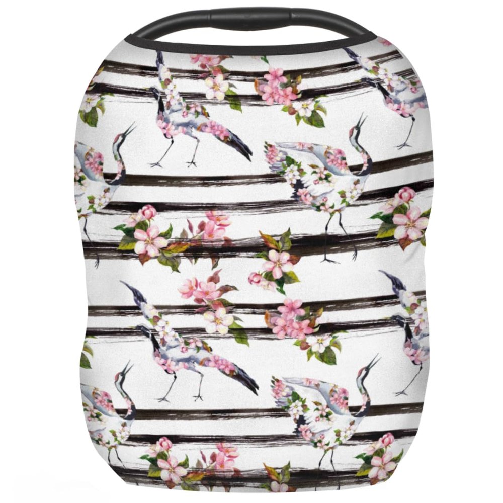 Crane Birds Flowers Baby Car Seat Cover for Baby Boys and Girls Breathable Lightweight Carseat Cover Baby Carrier Cover Soft Flexible for Girls Boys