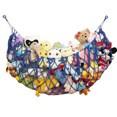 Amdermi Large Stuffed Animal Storage Net or Hammock for Wall Mounted Macrame Stuffed Animal Display For Boho Nursery Baby Boy Playroom Toy Organizers Pet Net-Blue