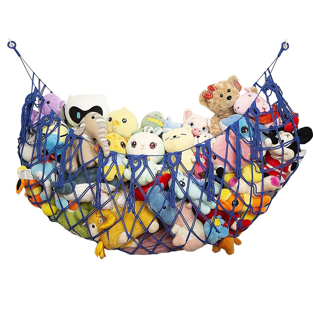Amdermi Large Stuffed Animal Storage Net or Hammock for Wall Mounted Macrame Stuffed Animal Display For Boho Nursery Baby Boy Playroom Toy Organizers Pet Net-Blue