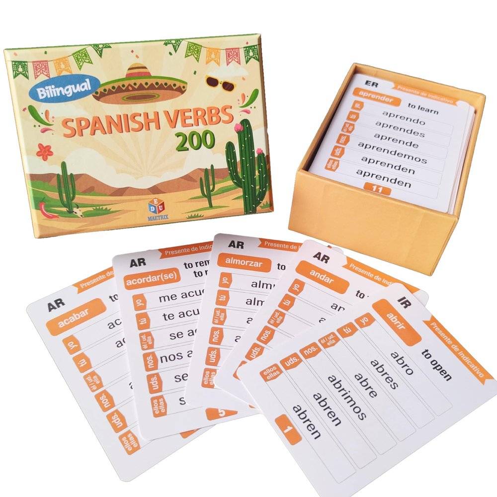 200 Spanish English Bilingual Verbs Verbos Conjugation Presente Indicativo Skill Drill Educational Flash Cards Learning Resource (4" X 2.8") Double-Sided 101 Cards