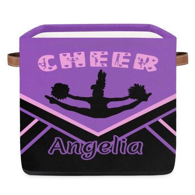 OMFUNS Cheerleaders Cheer Personalized Storage Basket 13x13 Purple Cheer Custom Collapsible Cube Storage Bin Fabric Storage Box Organizing for Closet Shelf Home Nursery Toy Basket