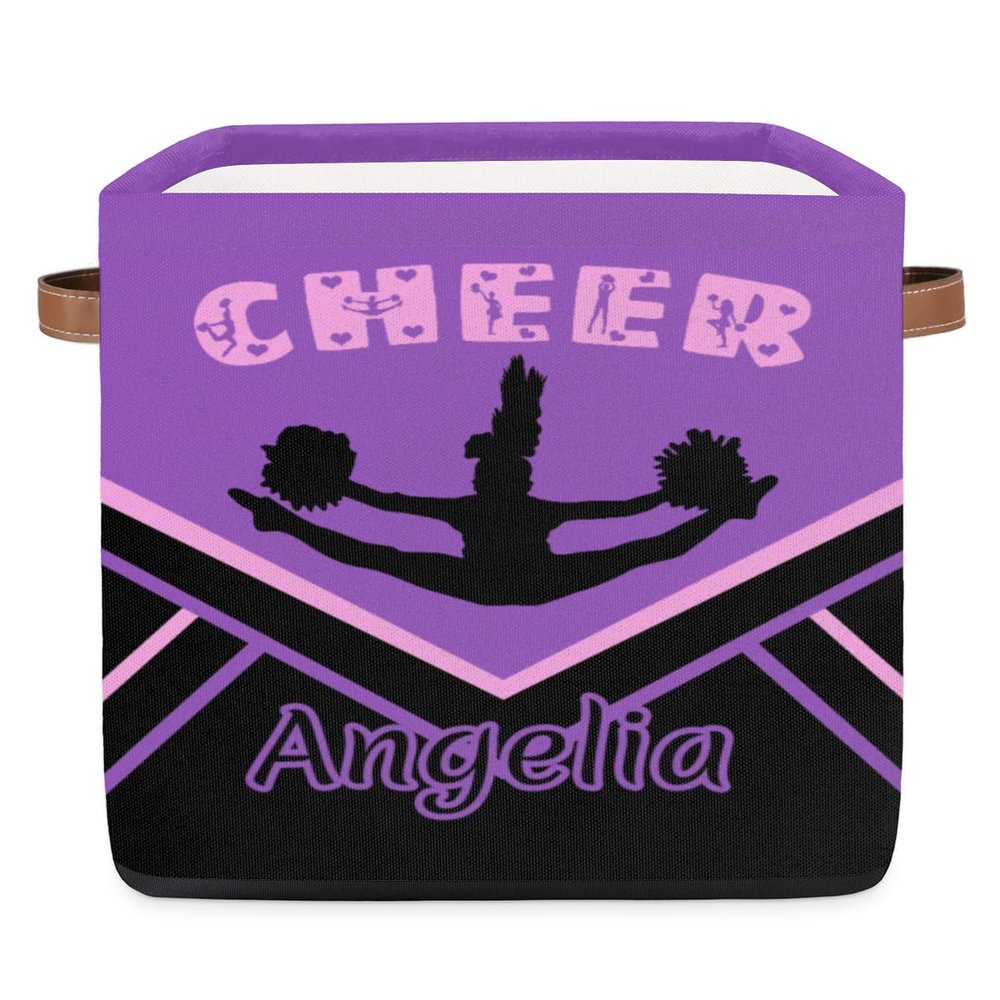 OMFUNS Cheerleaders Cheer Personalized Storage Basket 13x13 Purple Cheer Custom Collapsible Cube Storage Bin Fabric Storage Box Organizing for Closet Shelf Home Nursery Toy Basket