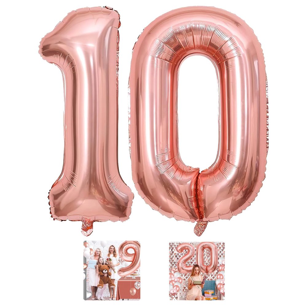 10 Number Balloon Rose Gold 40 inch Big Foil Mylar 10th Balloons for 10 Year Old Boy Girl Birthday Party Decorations Wedding Anniversary Events Supplies