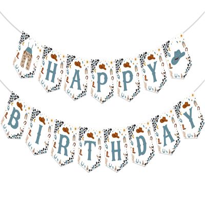 Cowboy Happy Birthday Banner, Blue Western Cowboy Birthday Decorations, Cowboy Themed Banner, First Rodeo Birthday Party Supplies