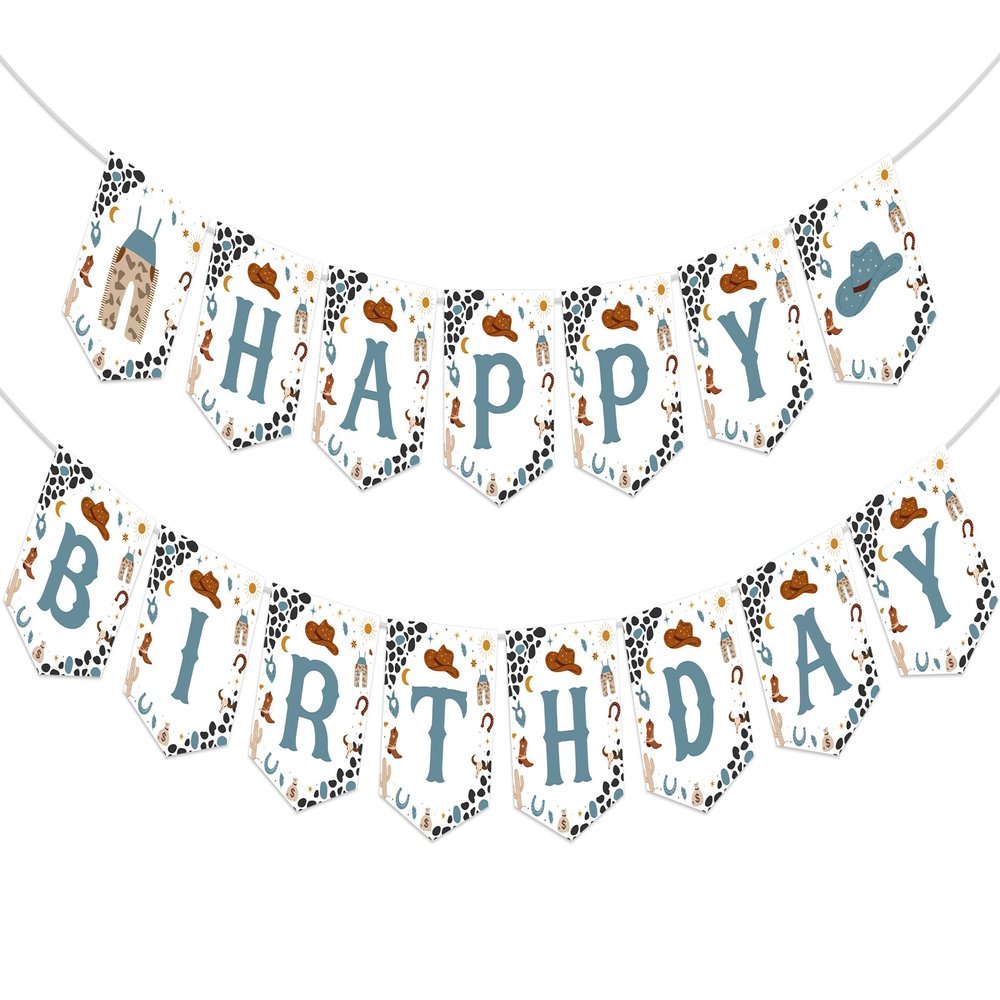 Cowboy Happy Birthday Banner, Blue Western Cowboy Birthday Decorations, Cowboy Themed Banner, First Rodeo Birthday Party Supplies