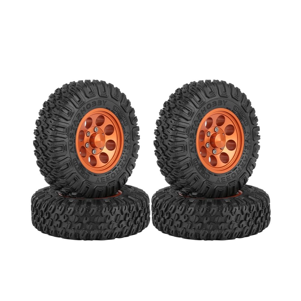 WONFAST 4PCS 1.55 inch Aluminum Alloy Metal Beadlock Wheel Rim Tires and 85mm Rubber Tyre Set for 1/10 RC Crawler Car Parts for Axial 90069 D90 TF2 Tamiya CC01 LC70 LC80 (Orange)