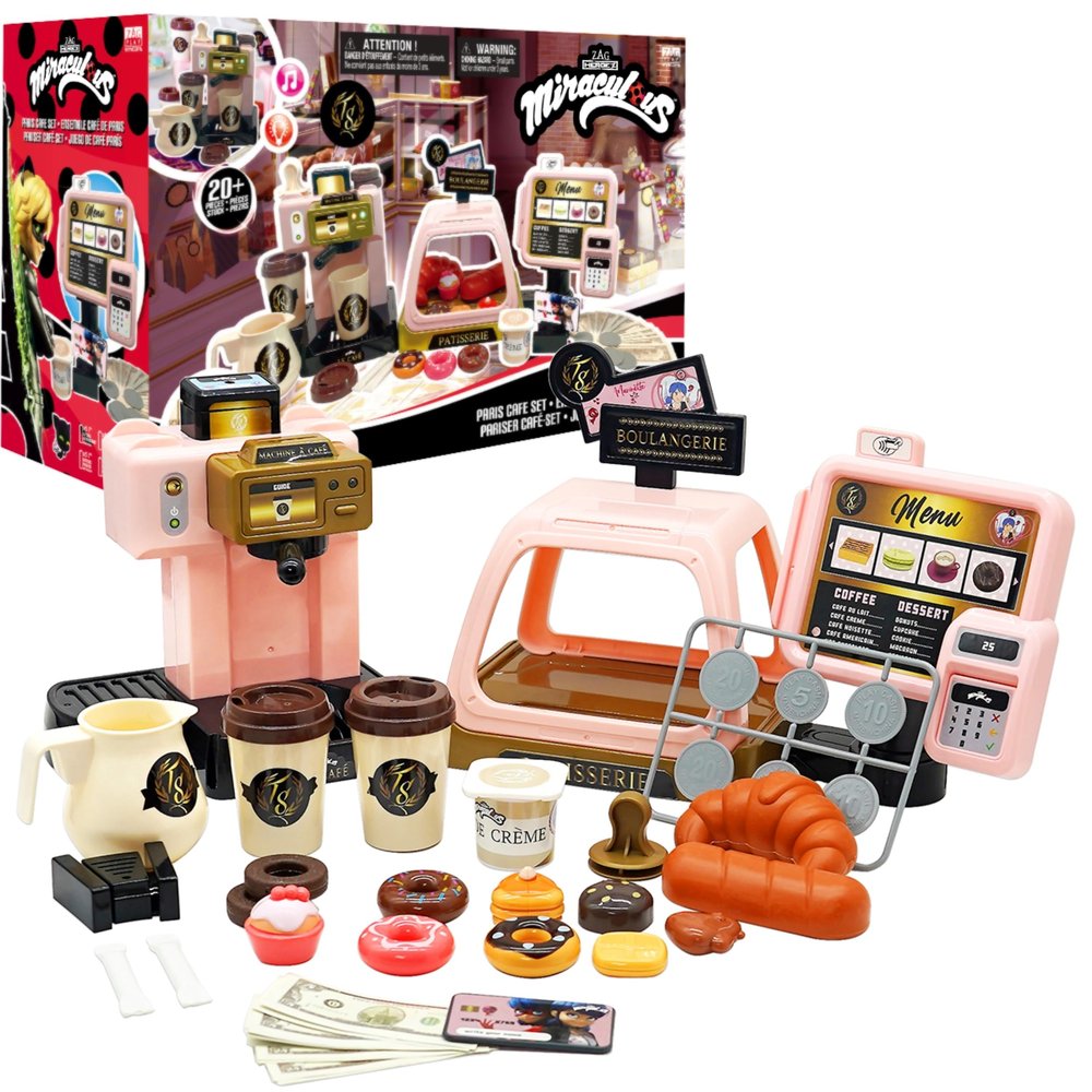 Miraculous Ladybug Cafe Play Set, Pretend Role Play Coffee Machine, Interactive Cash Register with Sound and Light - Toys for Kids with Kitchen Accessories, Bakery, Bills, and Coins