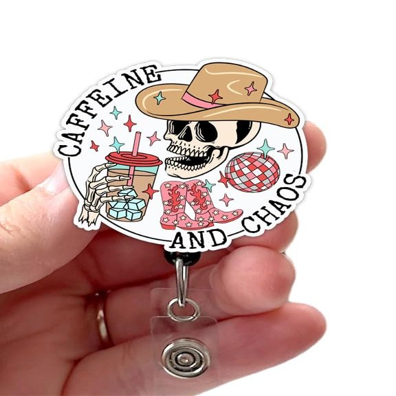 Caffeine and Chaos Skull, Acrylic, Skeleton Badge, Coffee Badge, Retractable Badge Reel With Swivel Clip and Extra-Long 34 inch cord - Badge Holder