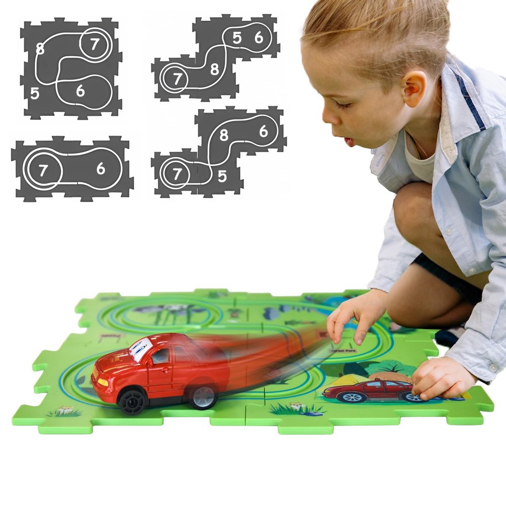 4 Year Old Boy Birthday Gift, Puzzle Racer Kids Car Track Set Puzzle Racer Car Track Set with Roadmap Puzzle Track Car Play Set Toys for 4 Year Old Boys (C-Land, Set3-5PCS)