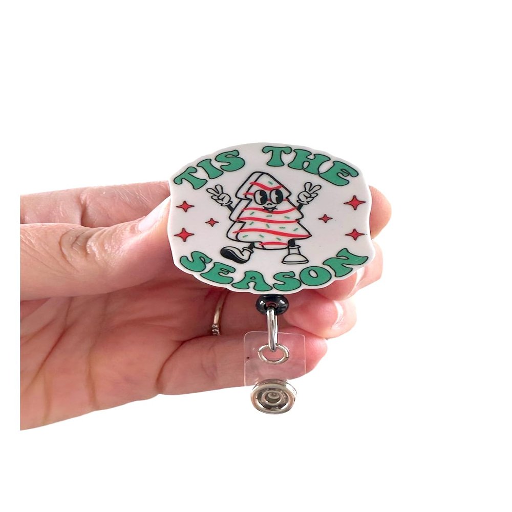 Tis the Season Christmas Tree Cake Acrylic, Holiday Badge, Nurse Badge, Retractable Badge Reel With Swivel Clip and Extra-Long 34 inch cord - Badge Holder