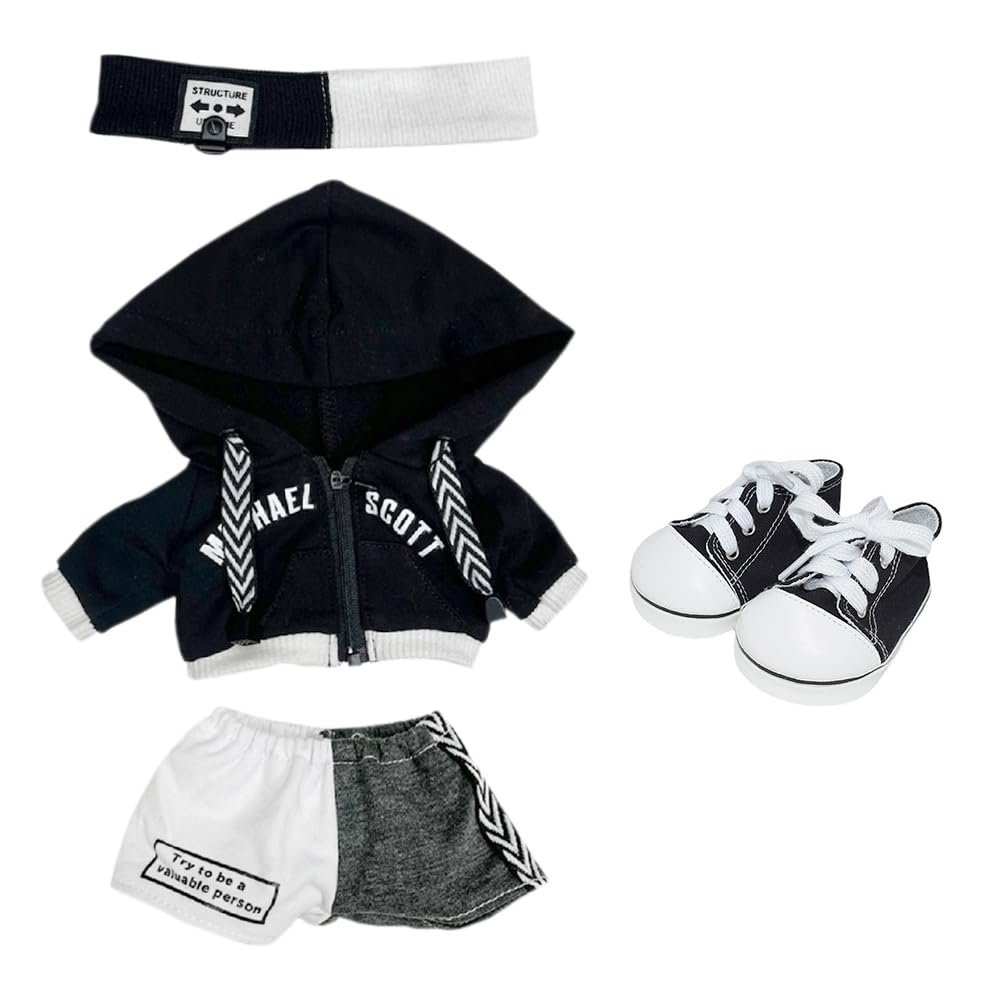 niannyyhouse 40cm Plush Doll Clothes Loose Headwear Hoodie Pants Canvas Shoes Doll Accessories Dress Up (Black)