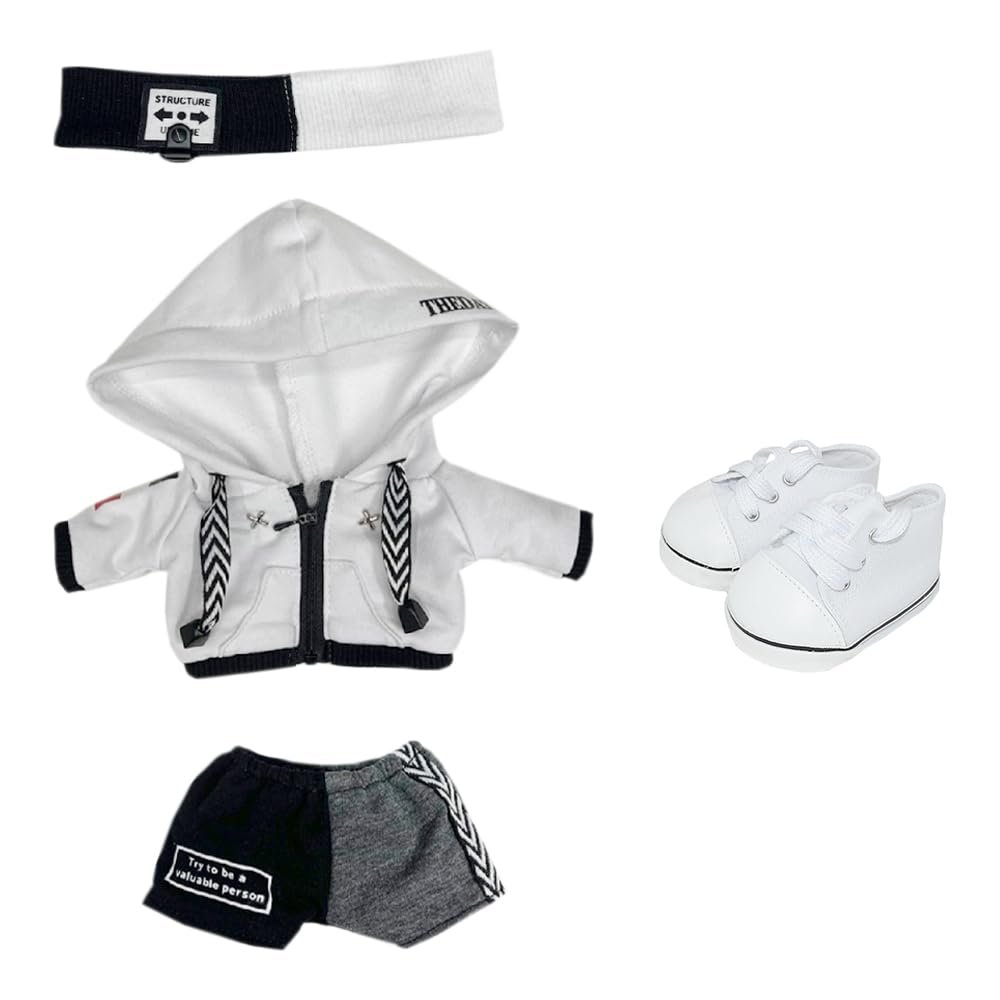 niannyyhouse 40cm Plush Doll Clothes Loose Headwear Hoodie Pants Canvas Shoes Doll Accessories Dress Up (White)