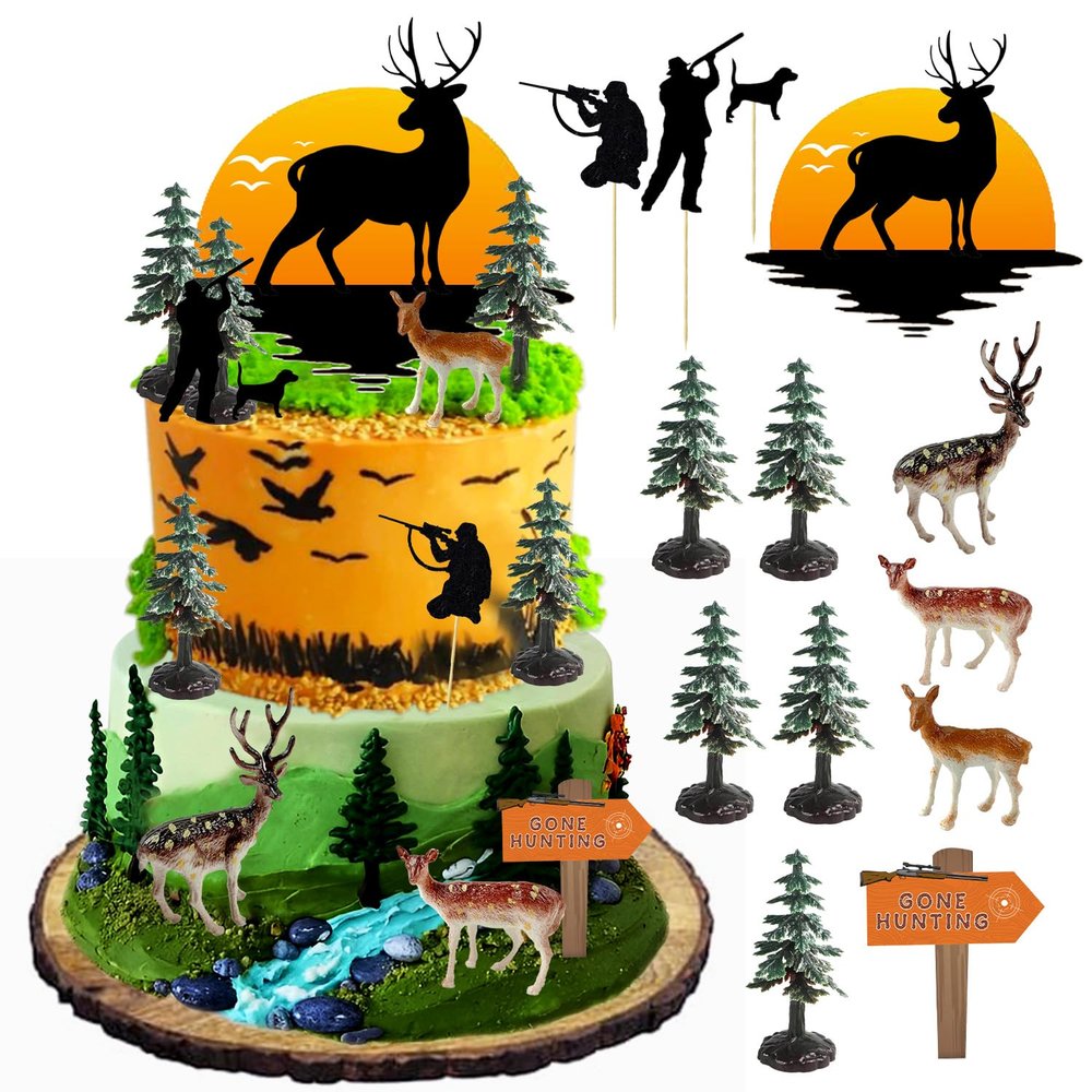 13PCS Deer Hunting Cake Topper Deer Hunter Cake Decoration Set Deer Tree Green Camo Hunting Birthday Decorations for Camo Camping Hunting Birthday Baby Shower Party Supplies