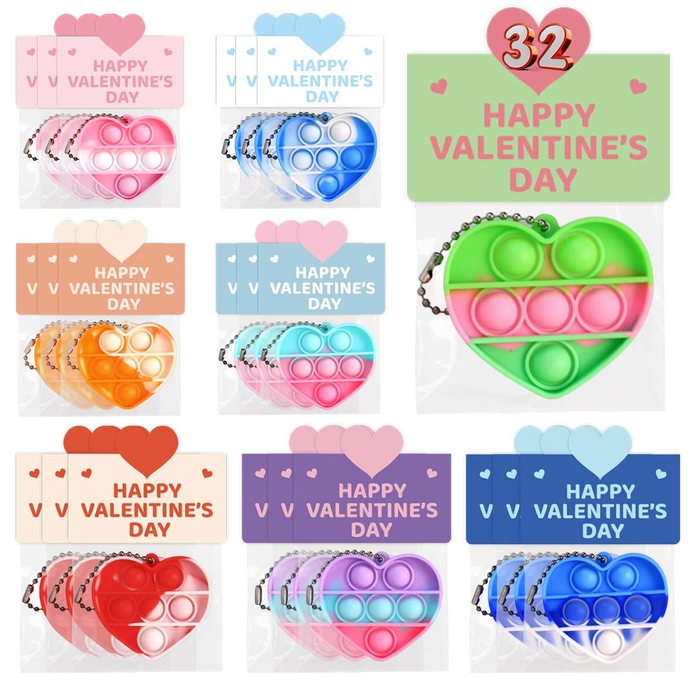 32 Pack Prefilled Valentines Day Pop Fidget & Cards Set for Kids Classroom - Mini Heart-Shaped Toys, for School Class Exchange & Party Favors