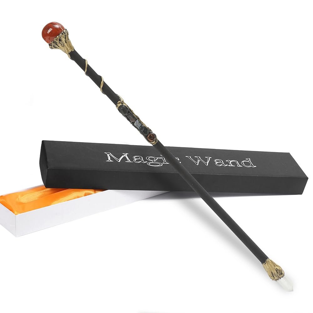 Bubbmi Witch Magic Wand with Crystal, Wooden Wizard Halloween Christmas Cosplay Accessories Sorcerer Collection Witchcraft Props with Gift Box (red 2)